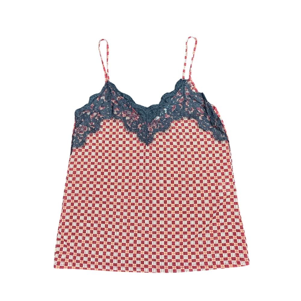 Red & Cream Checkered Gingham Lace Camisole Tank Top Small